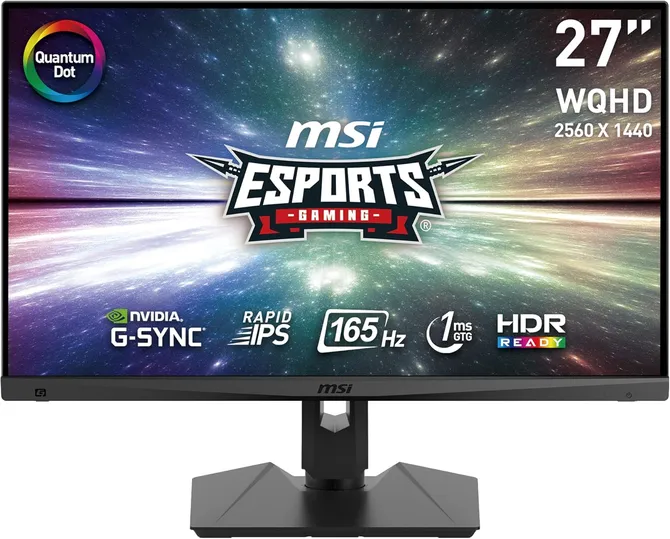 Monitor gaming MSI MAG274QRF-QD da 27 pollici con risoluzione WQHD 2560x1440, pannello Rapid IPS Quantum Dot, frequenza di aggiornamento 165Hz, tempo di risposta 1ms GtG, compatibile G-SYNC, HDR Ready, tecnologia Night Vision e porte USB.
