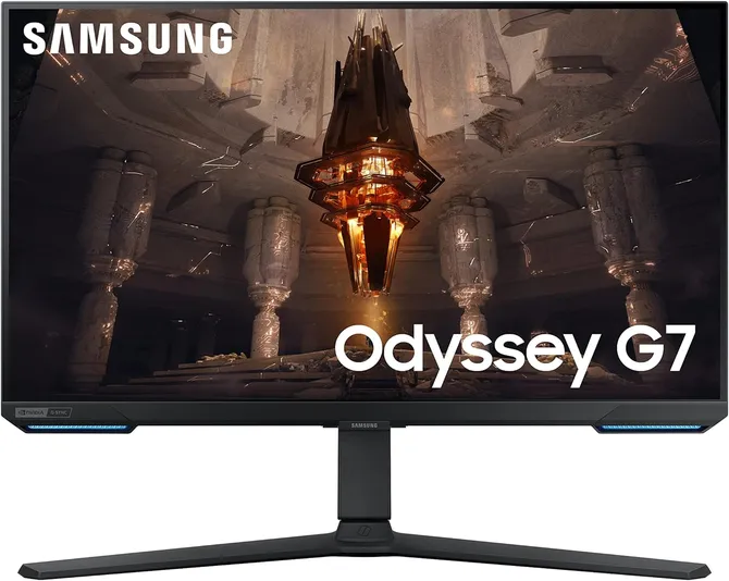 Monitor gaming Samsung Odyssey G7 G70B 28 pollici con risoluzione 4K UHD, refresh rate di 144Hz, HDMI 2.1, e supporto G-Sync e FreeSync.