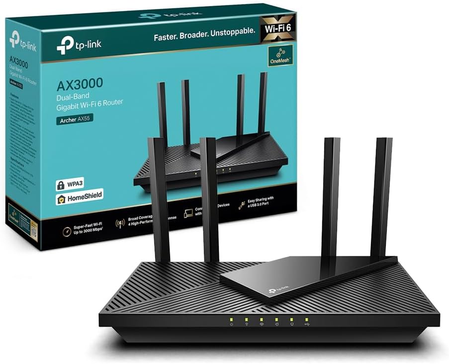 TP-Link Archer AX55 Router WiFi 6 Dual-Band AX3000Mbps, 5 Porte Gigabit, 1 Porta USB 3.0, TP-Link HomeShield, OneMesh, Router F (FTTH | FTTB | Ethernet)