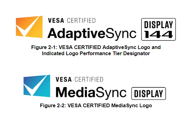 loghi della certificazione VRR Adaptive sync e media sync di VESA