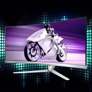 Immagine di uno dei migliori monitor curvi presenti sul mercato Philips Evnia 34M2C8600 con sfondo curvo tecnologico verde e nero