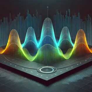 Grafico 3D della risposta in frequenza delle cuffie gaming, con rappresentazione delle bande audio basse, medie e alte, per mostrare l'importanza della risposta in frequenza nell'audio gaming.