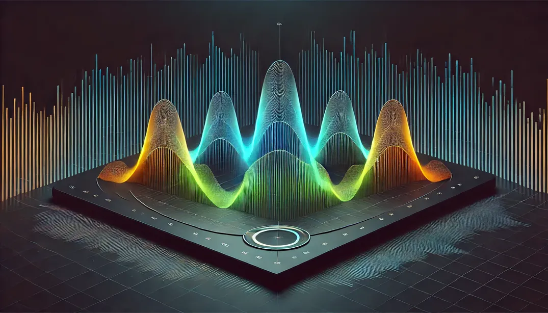 Grafico 3D della risposta in frequenza delle cuffie gaming, con rappresentazione delle bande audio basse, medie e alte, per mostrare l'importanza della risposta in frequenza nell'audio gaming.